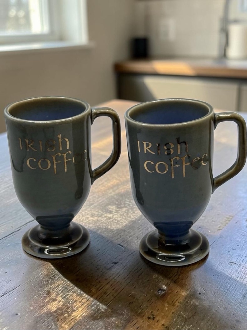Set Of 2 VTG 1950s Wade Irish Coffee Pedestal Mugs Porcelain Green Blue 7 Oz